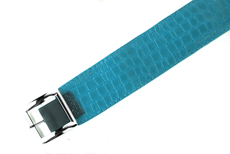 Turquoise blue women's calf bracelets, to wear over boots. Profile view - Florence KOOIJMAN